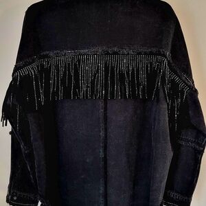 Zara Black Denim Jacket with Sparkle Fringe